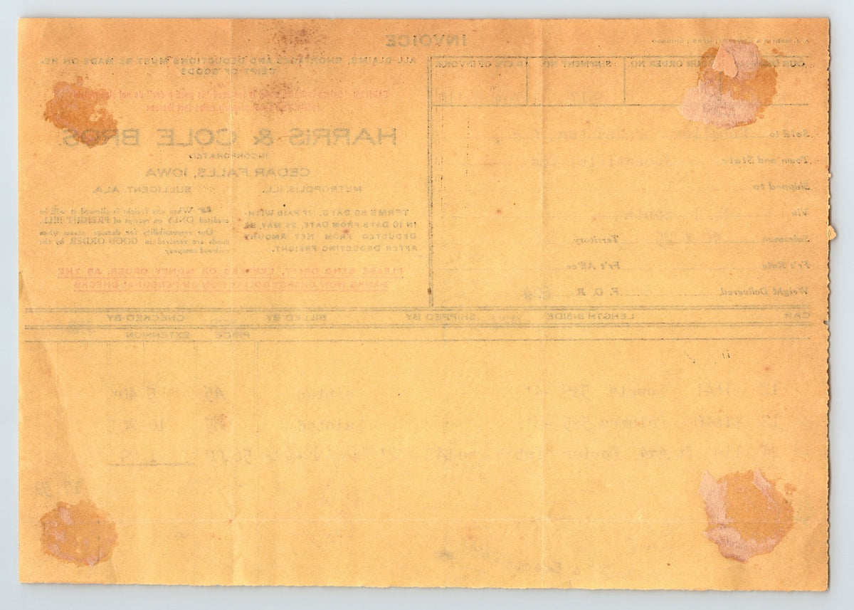 Cedar Falls Iowa 1910 Harris Cole Brothers Lumber Invoice Billhead 8.5 x 5.5