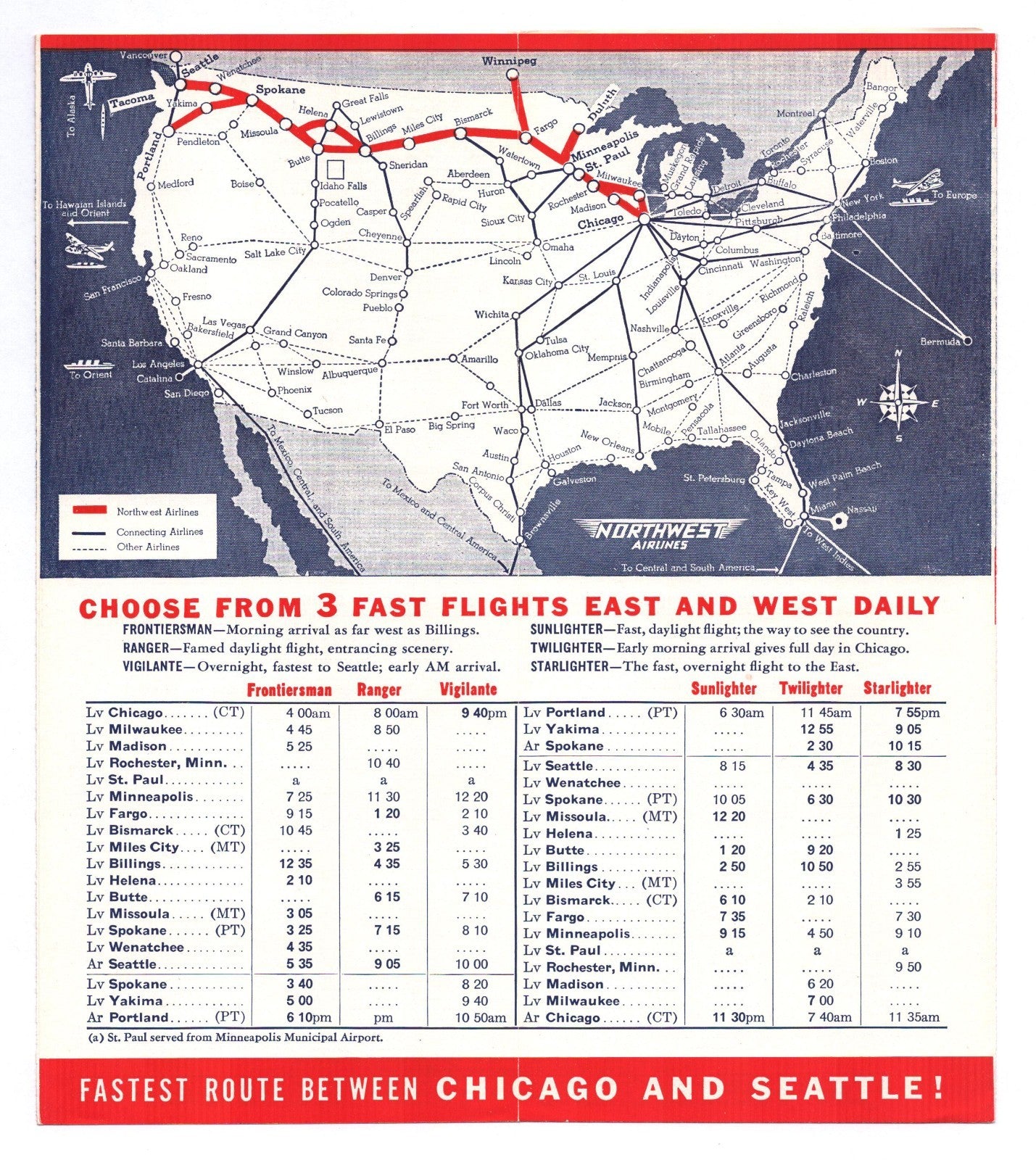 Northwest Airlines January 1941 Chicago Seattle System Timetable Brochure
