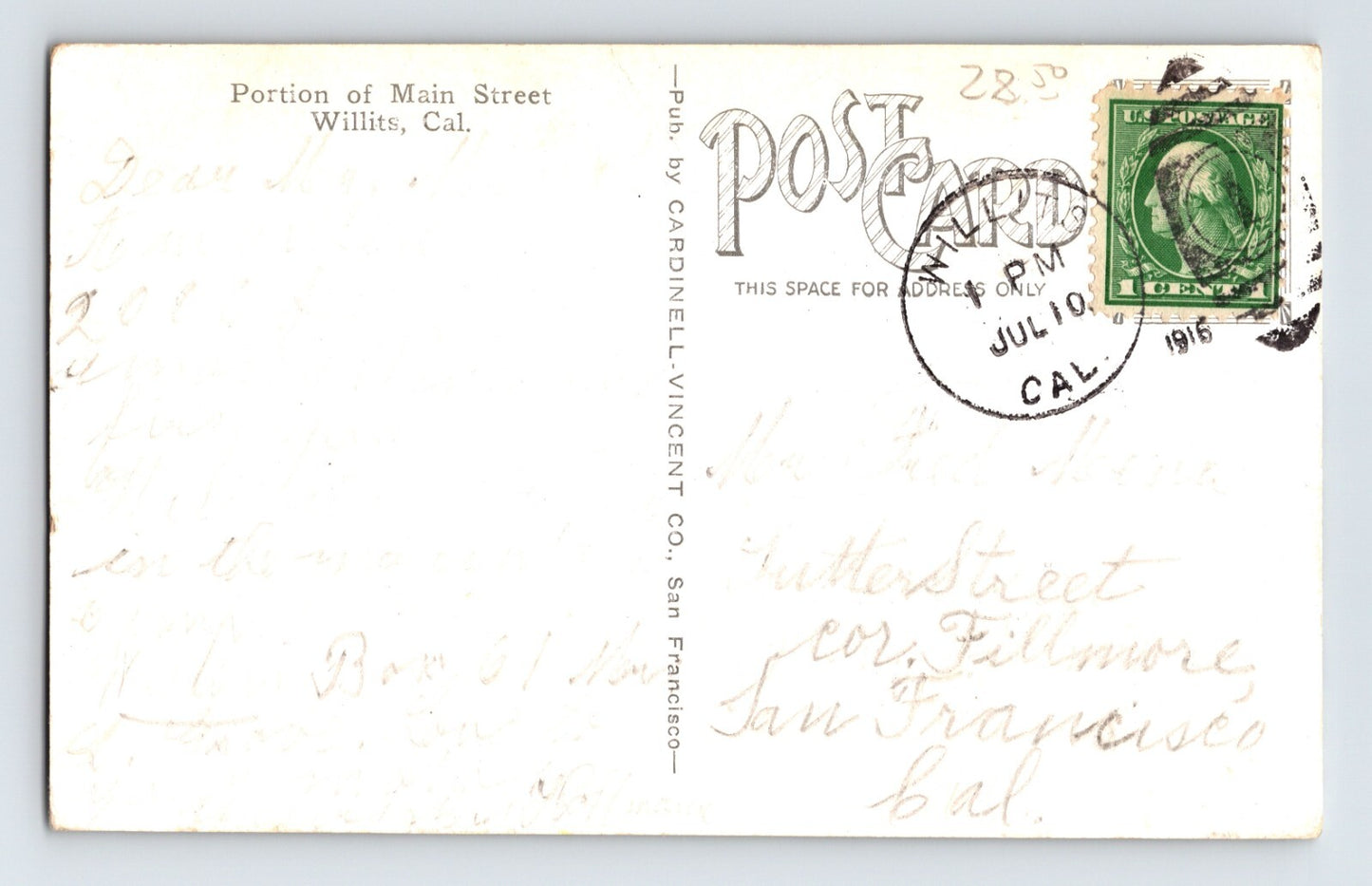 Willits California Main Street Garage Feed 1916 Postcard Divided Back Posted