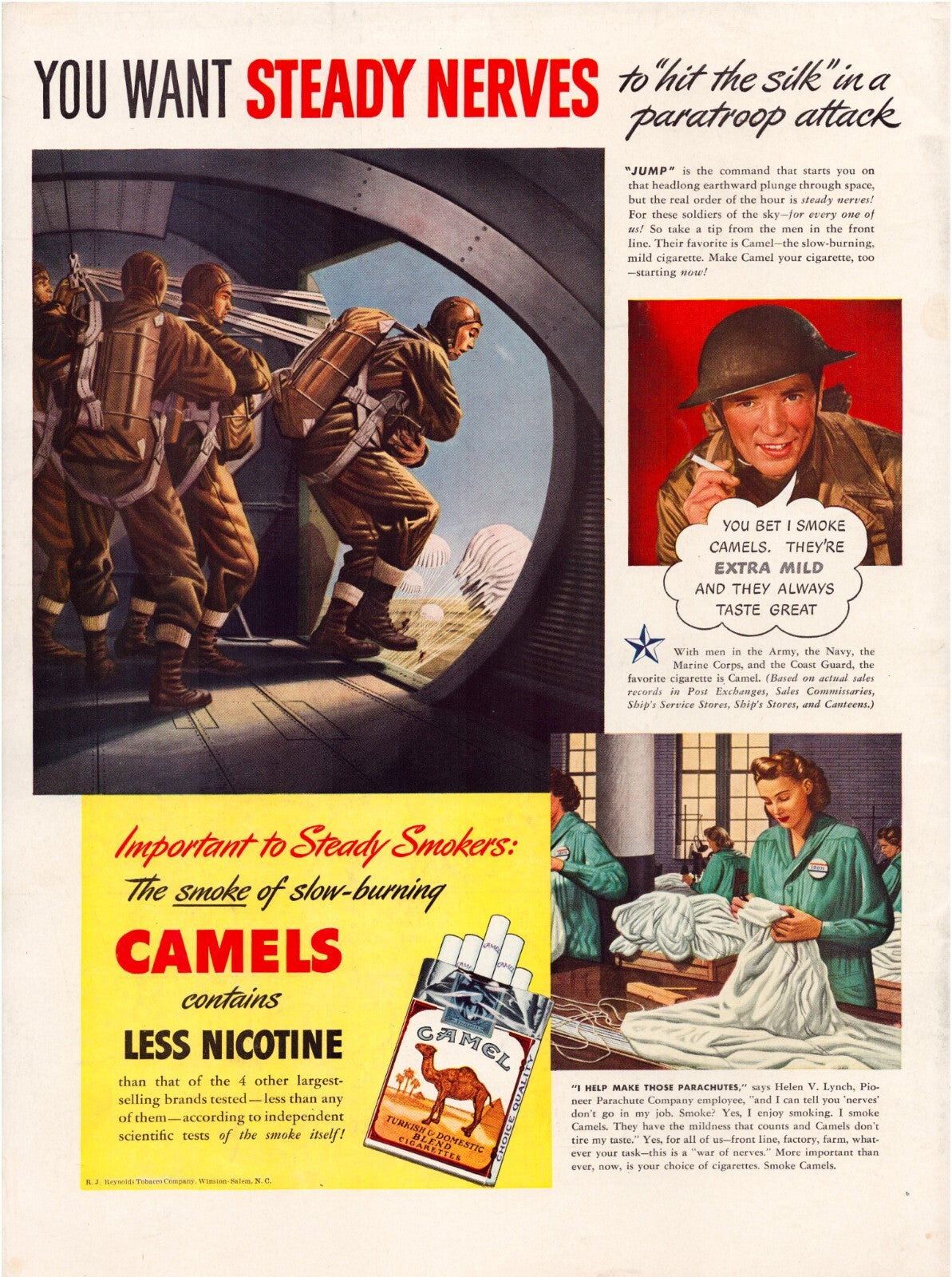 Camel Cigarettes 1942 WW2 Paratrooper Sky Dive Print Ad Full Page 10.5 x 13.5