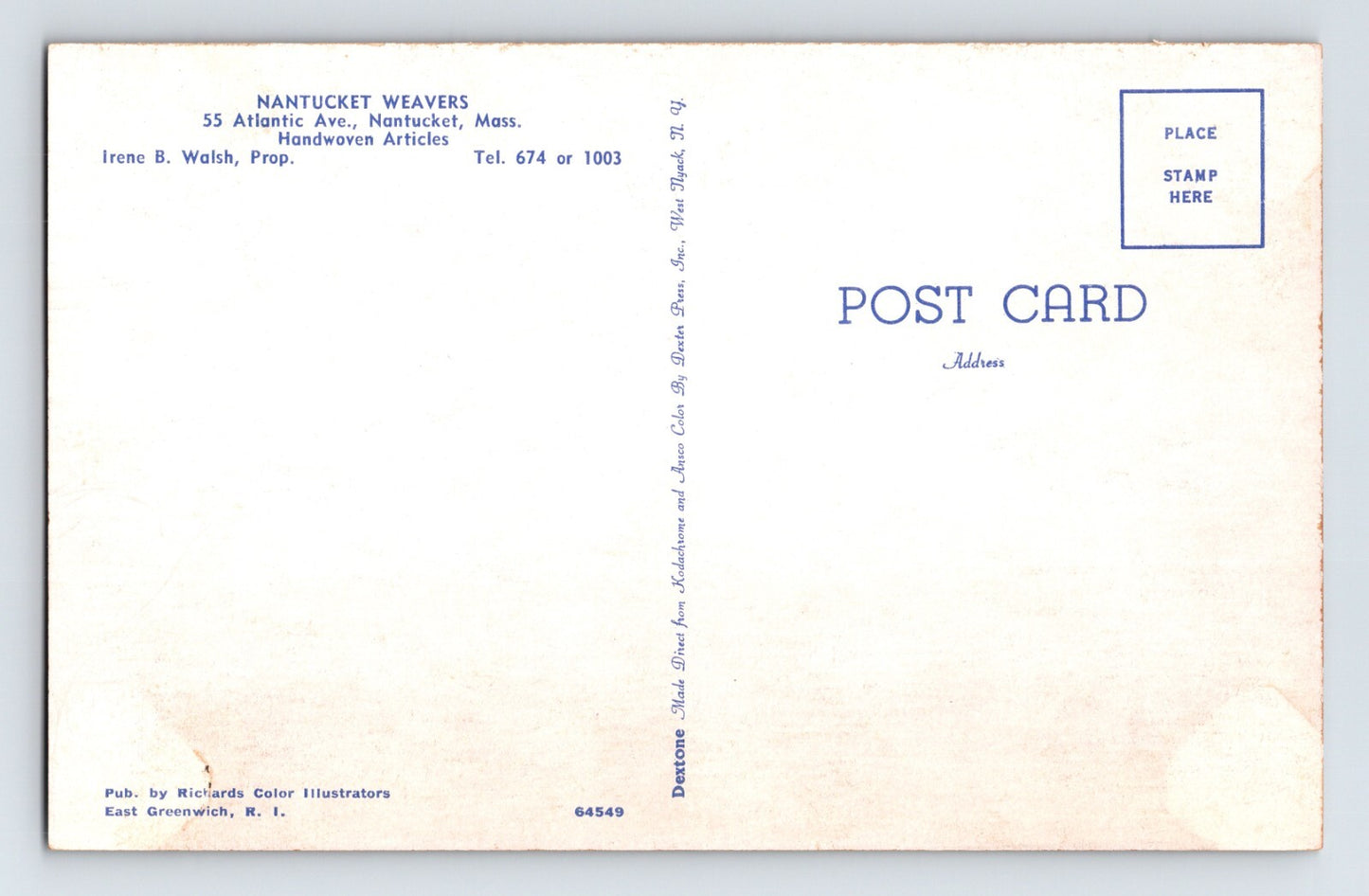 Nantucket Massachusetts Weavers 55 Atlantic Avenue 1960s Postcard Unposted