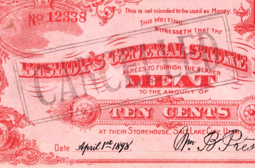Bishop's General Store 1898 Meat Scrip Currency Cancelled Salt Lake City UT
