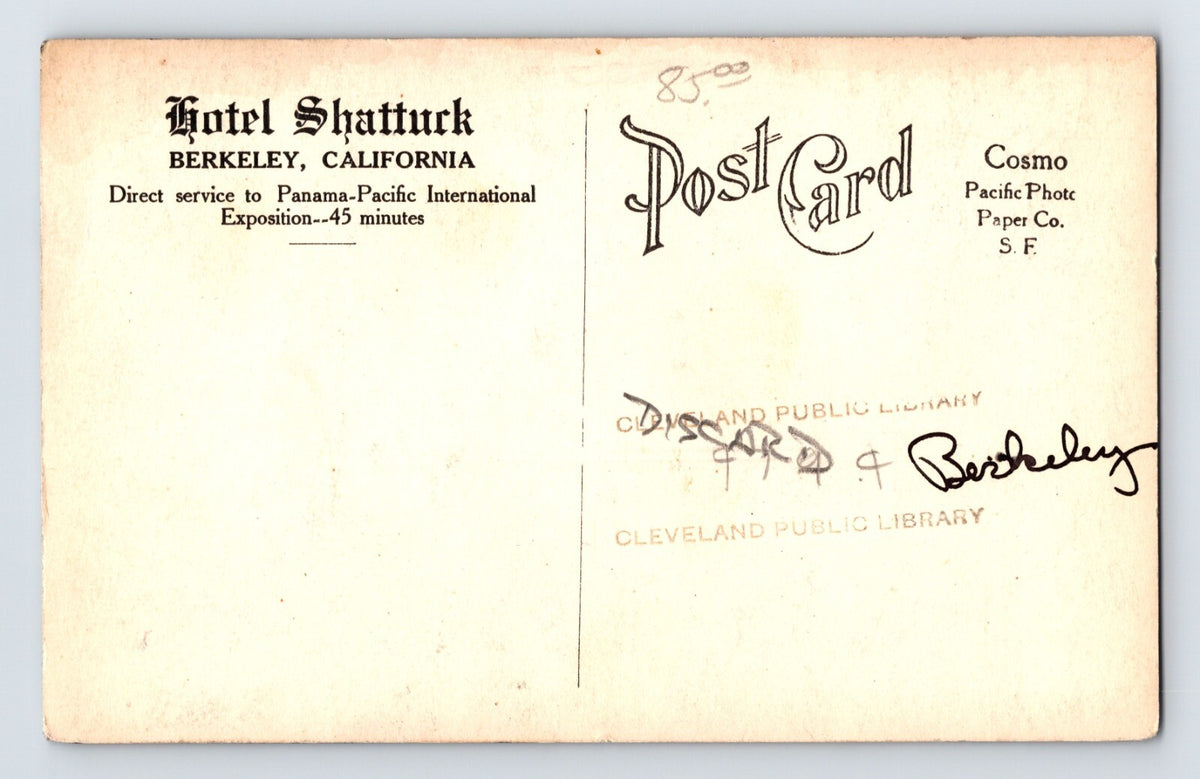 Berkeley California Hotel Shattuck Lobby 1910s RPPC Postcard Unposted