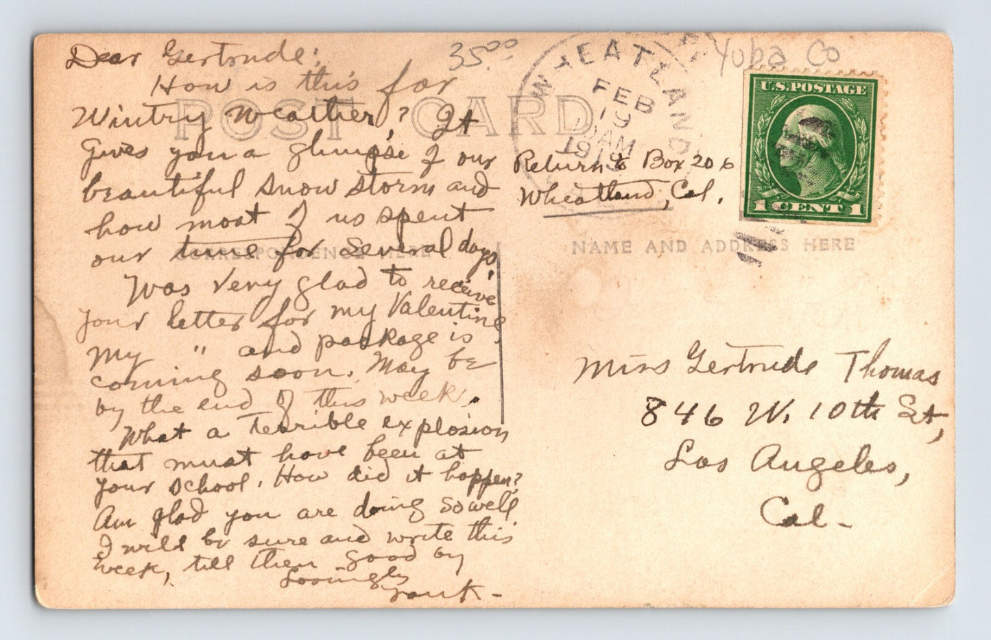 Wheatland California Hotel Elwood Snowball Fight 1919 RPPC Postcard Posted