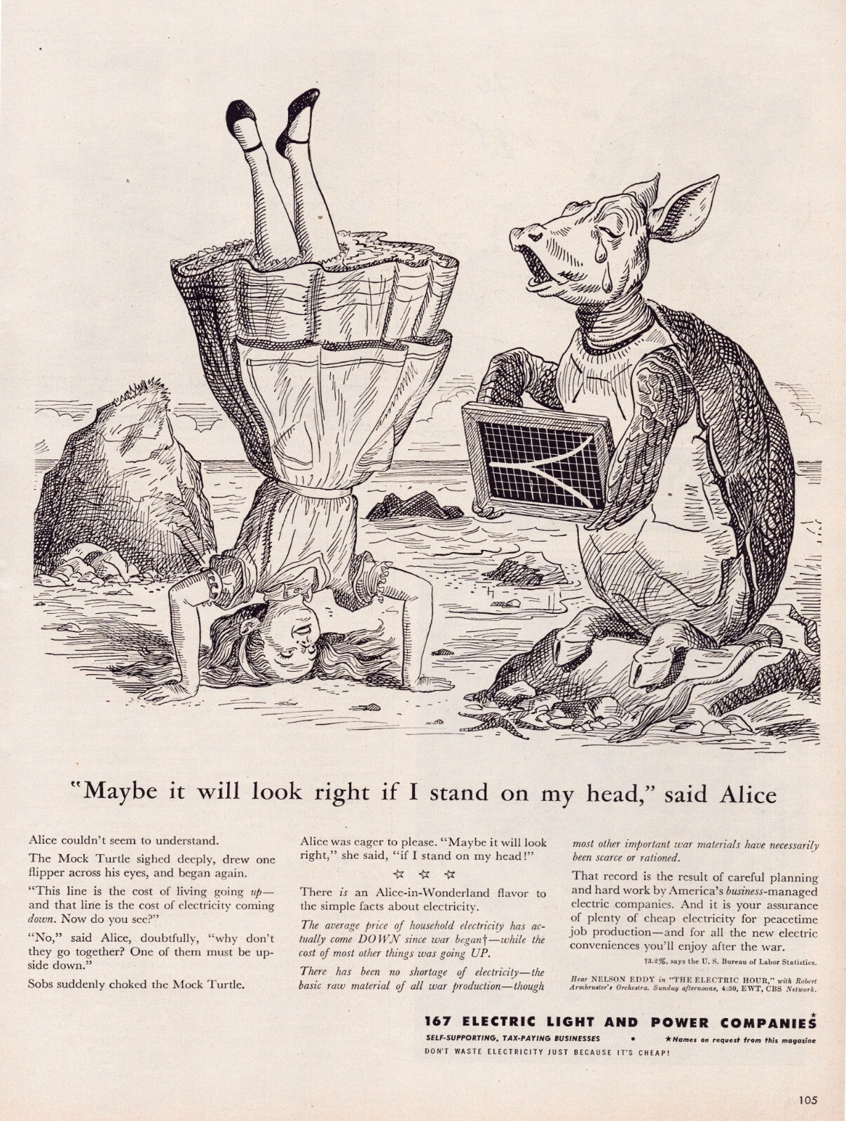 Alice in Wonderland Mock Turtle 1945 electric company print ad illustration