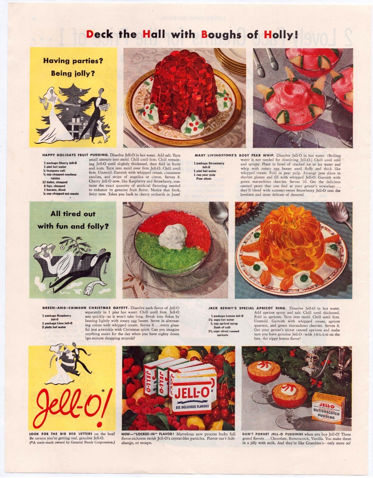 Jell O 1941 Christmas recipes holiday desserts gelatin dishes print ad