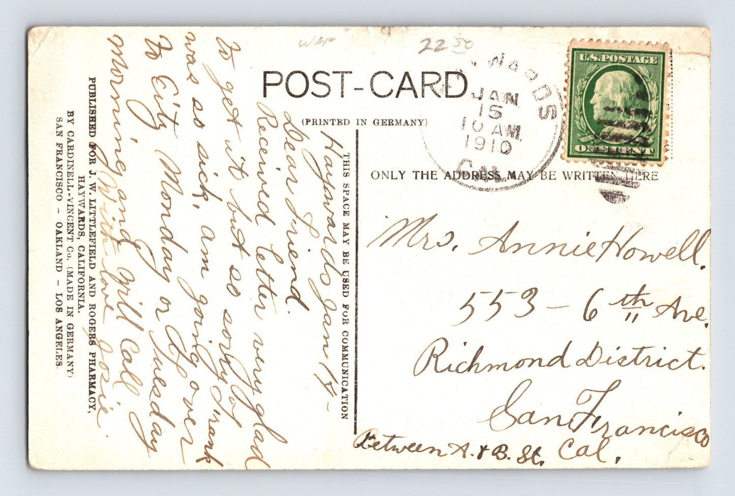 Hayward California Carnegie Free Library 1910 Postcard Posted Divided Back