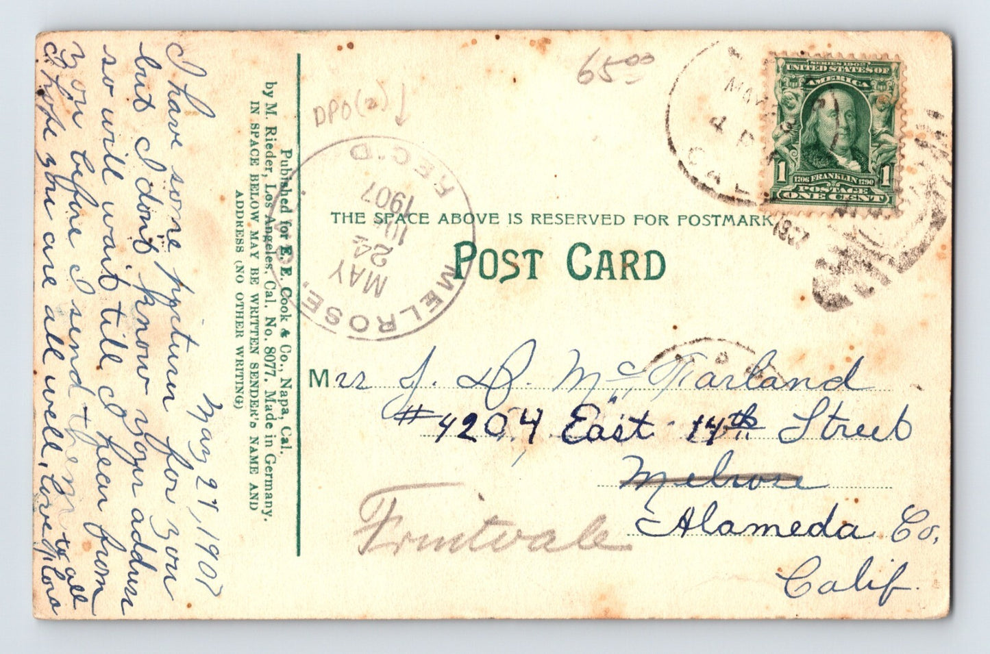 Napa California Electric Railroad Train Depot Trolley 1907 Postcard Posted