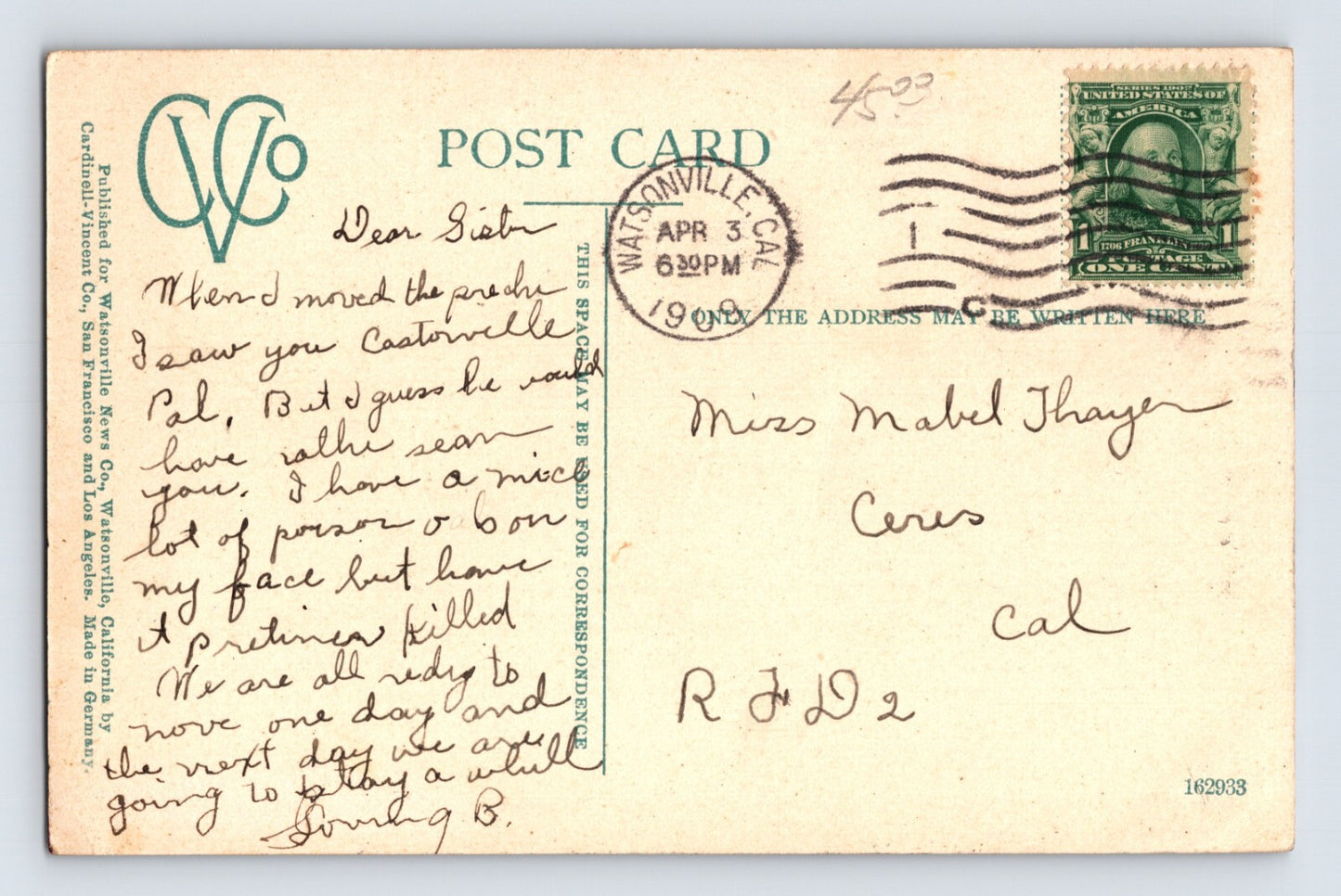 Watsonville California Pajaro Valley Bank 1908 Postcard Posted Divided Back