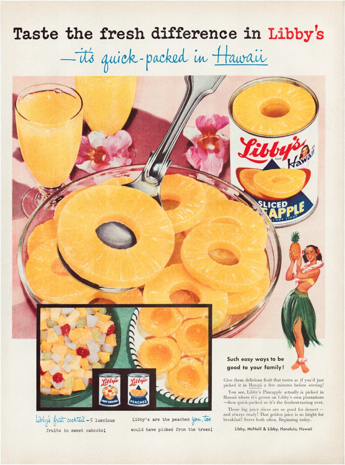 Libbys sliced pineapple Hawaii themed advertisement with hula dancer 1955 print ad