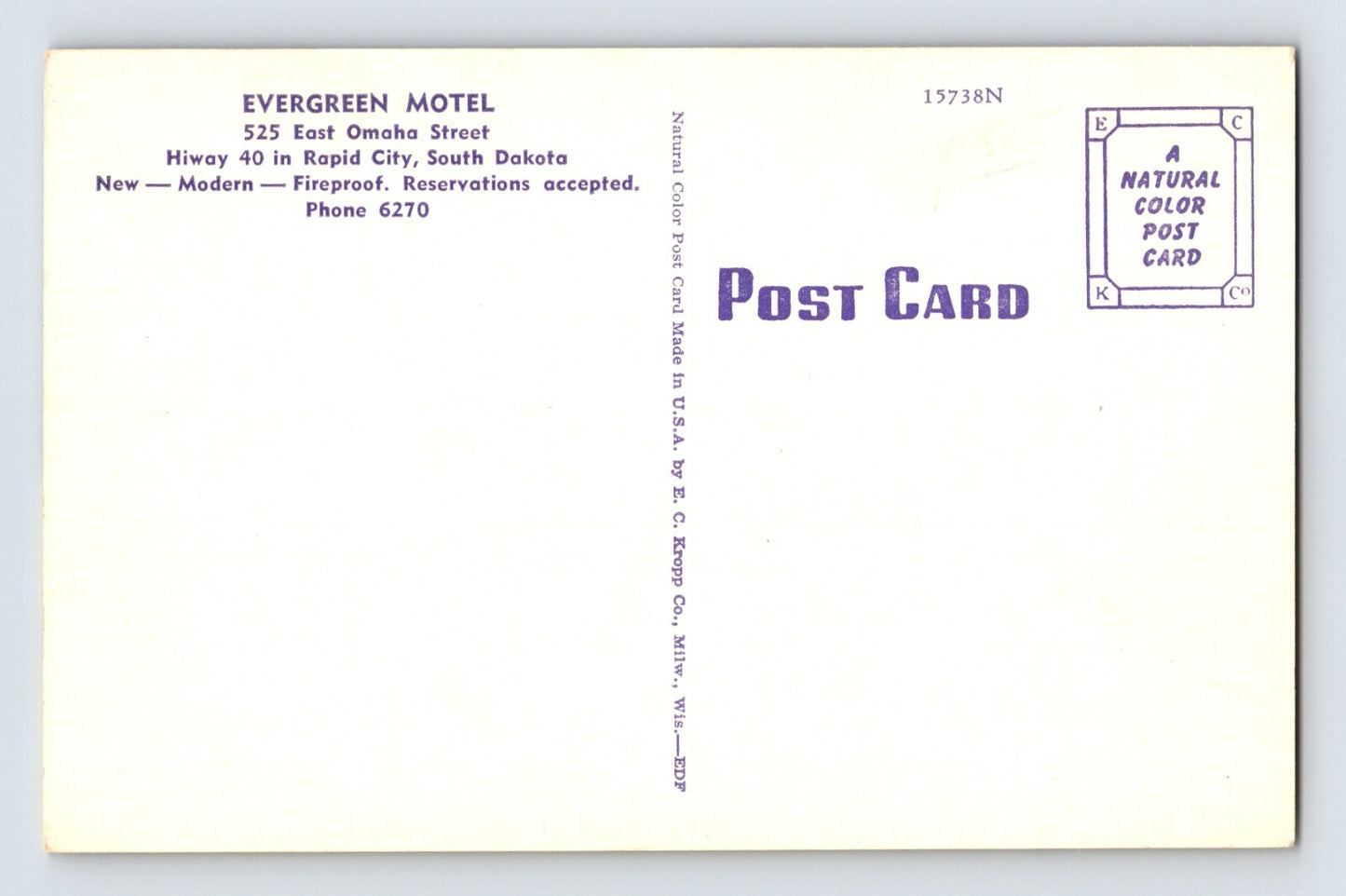 Rapid City South Dakota Evergreen Motel 1940s Postcard Unposted Linen