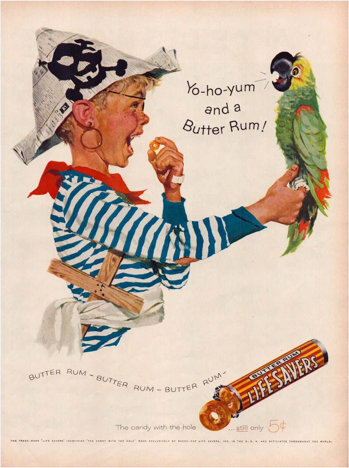 Life Savers Candy 1957 Butter Rum Pirate Parrot Full Page 10.5 x 13.5