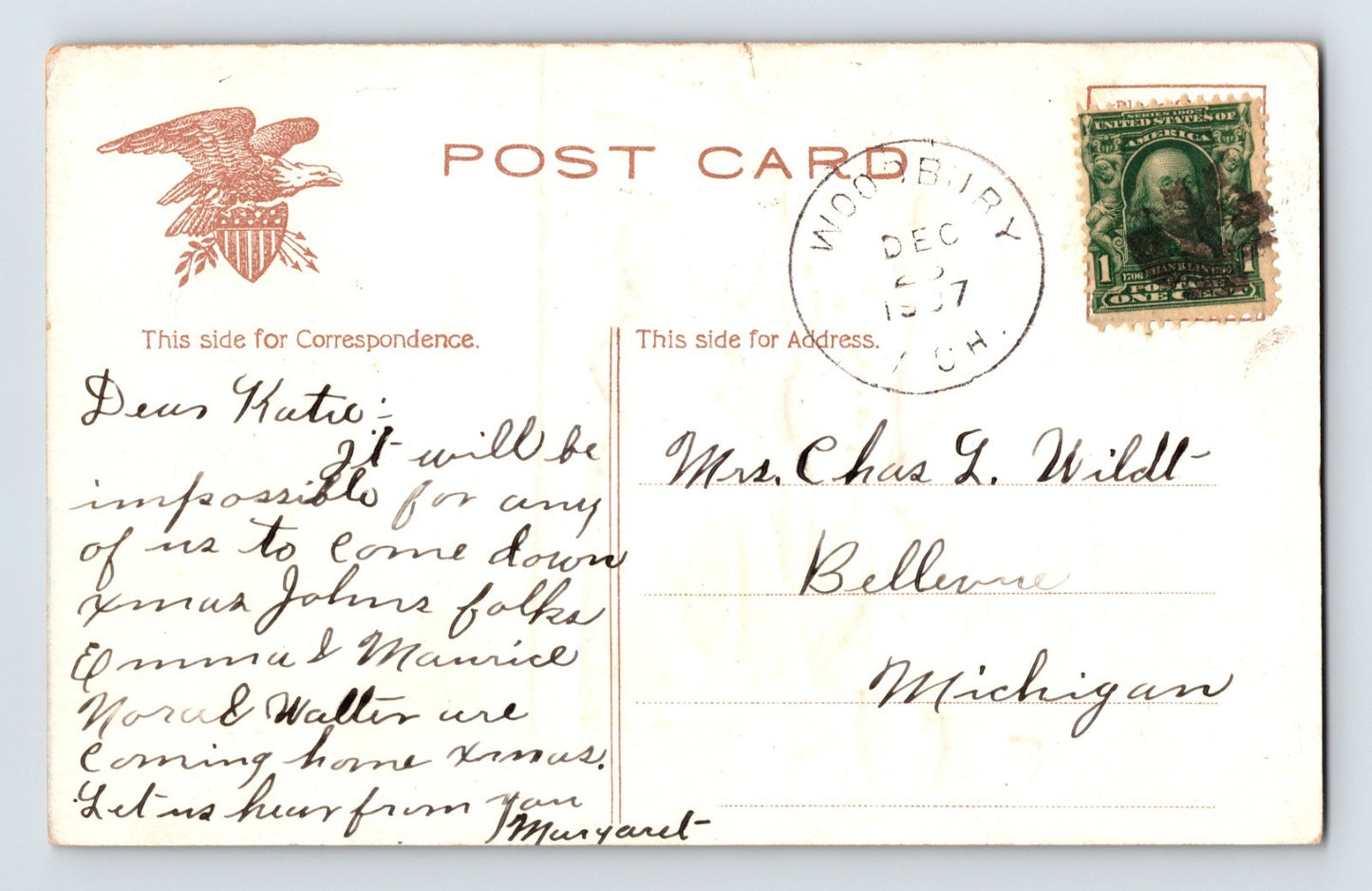 Christmas Black Americana Log Cabin Goose Visitor 1907 Postcard Posted