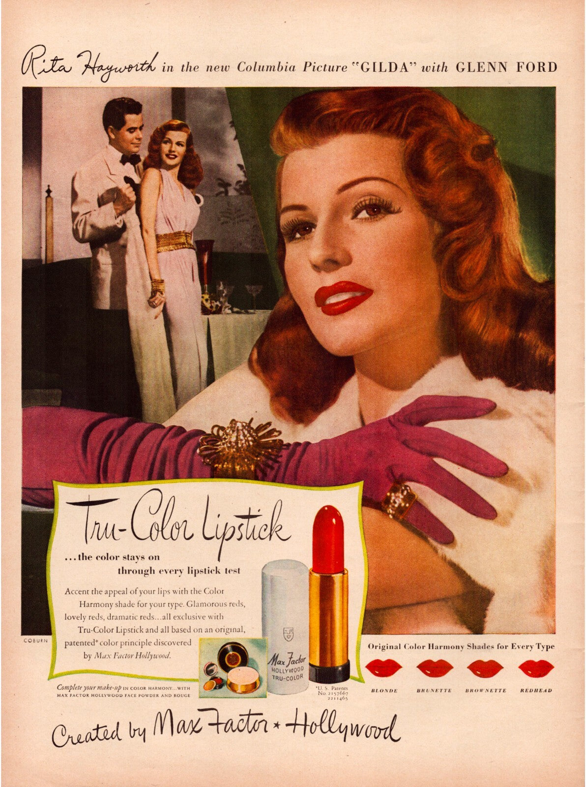Max Factor Rita Hayworth Gilda 1946 Tru Color Lipstick print advertisement full page