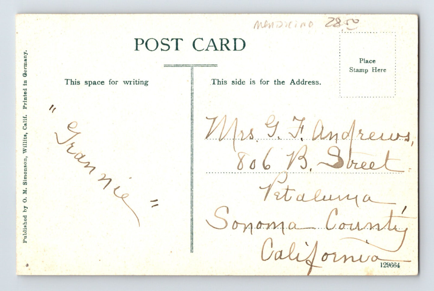 Willits California Palace Hotel 1910s Postcard Unposted Divided Back