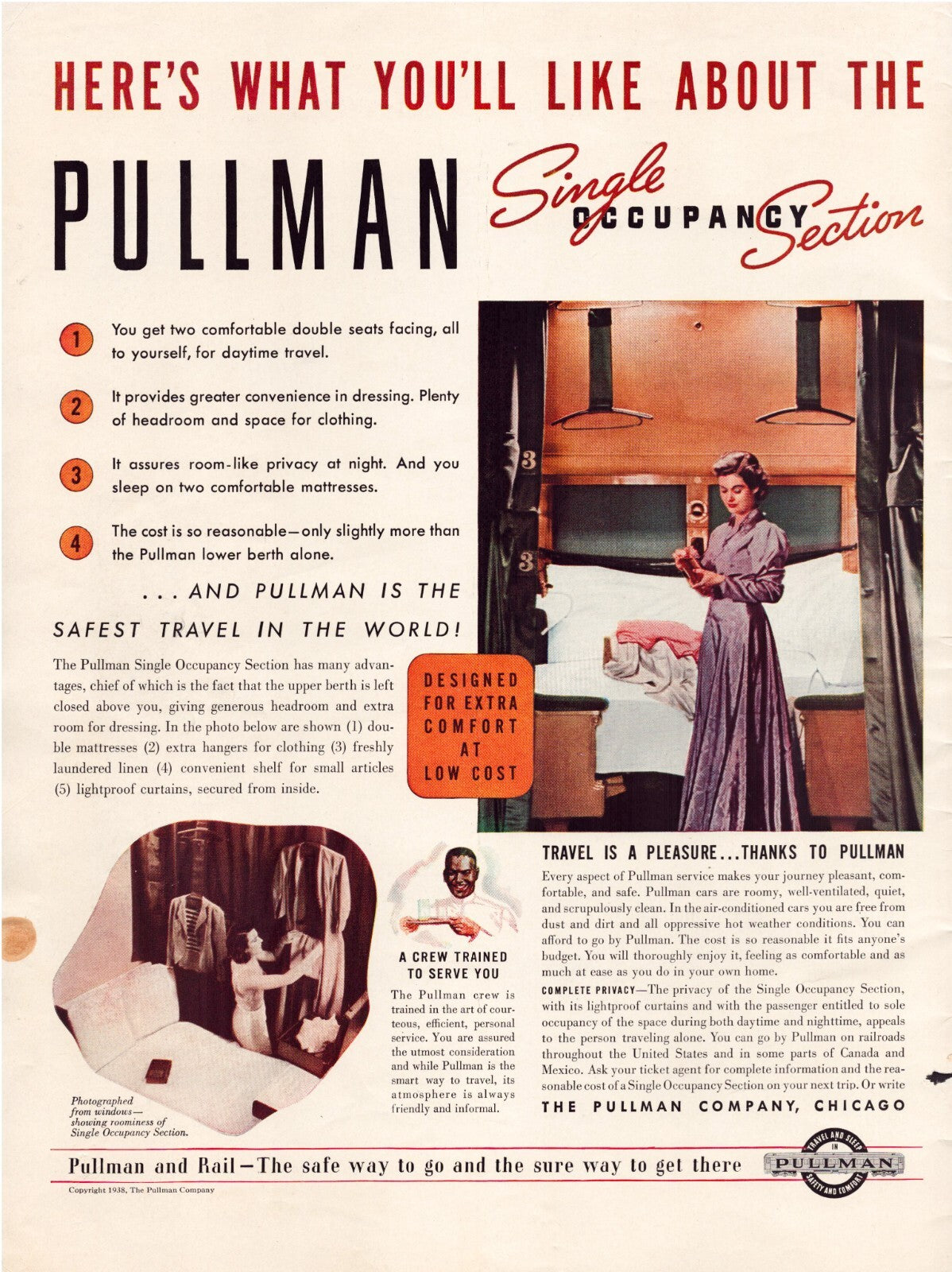 Pullman railroad sleeping car single occupancy section 1938 print advertisement