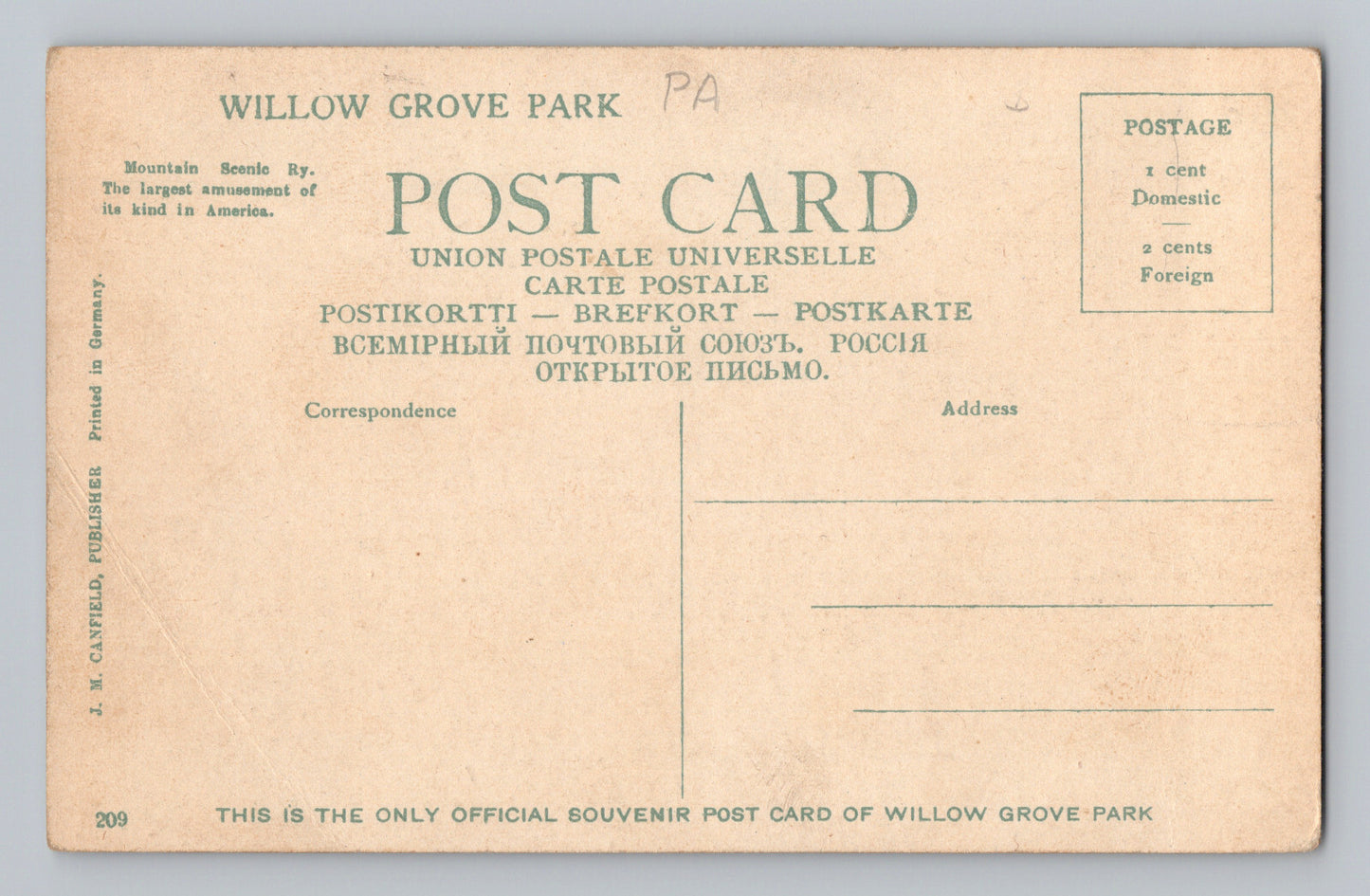 Willow Grove Park Pennsylvania Mountain Scenic Railway 1910s Postcard