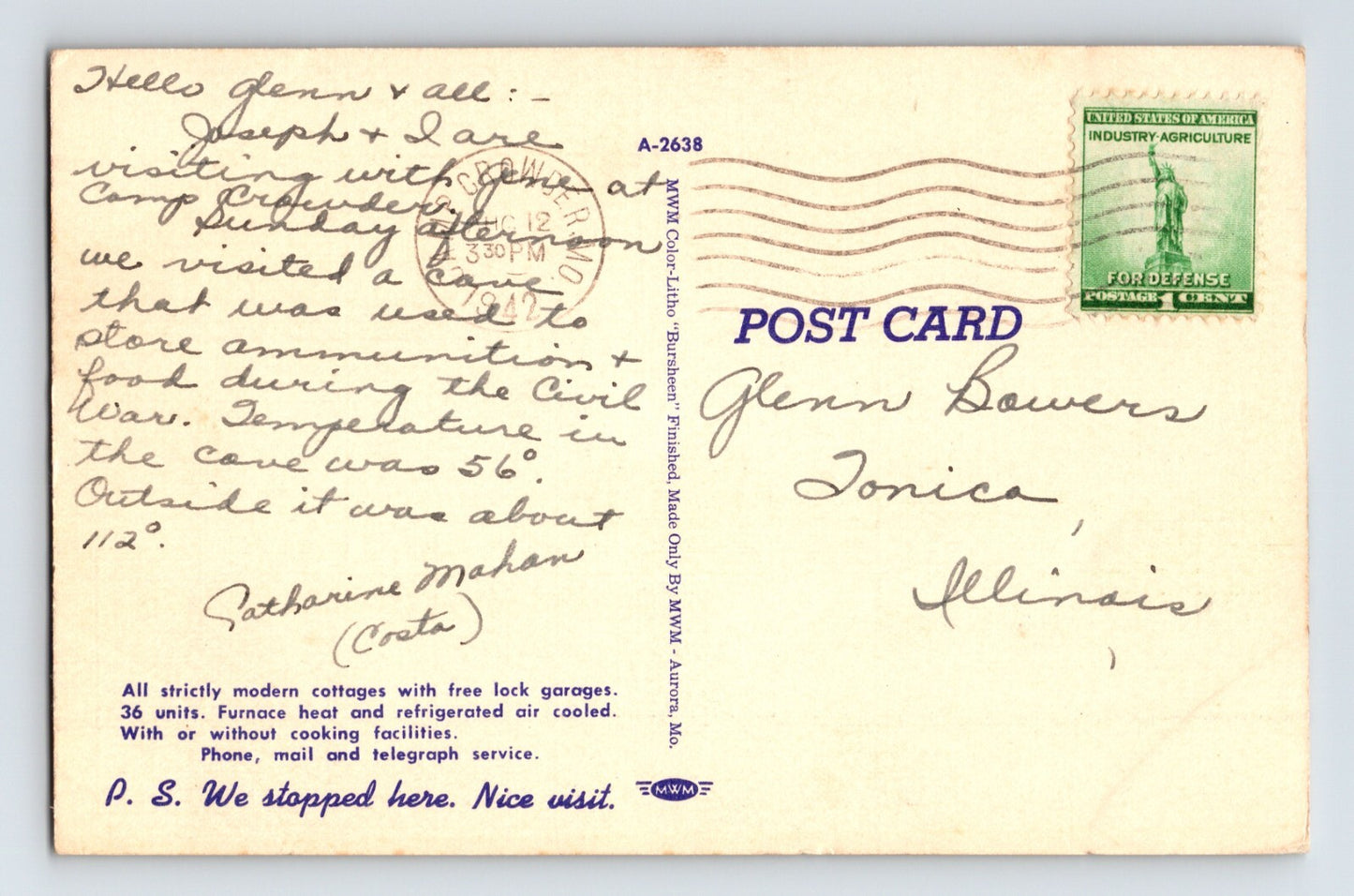 Springfield Missouri Route 66 De Luxe Courts Motel Gas 1942 Postcard Posted Linen
