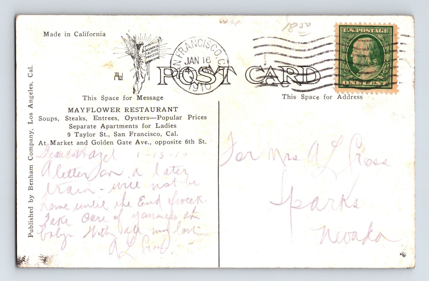 San Francisco California Mayflower Restaurant Tea Room 1910 Postcard Divided