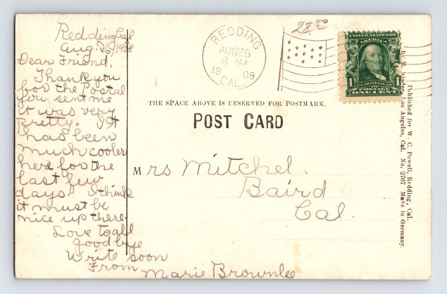 Redding California Grammar School 1908 Postcard Posted Divided Back