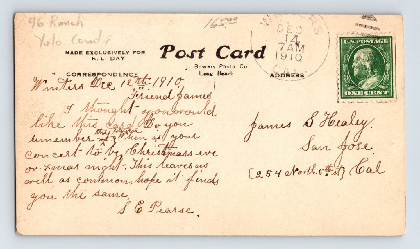 Winters California 96 Ranch Pearse 1910 Postcard RPPC Posted Undivided Back