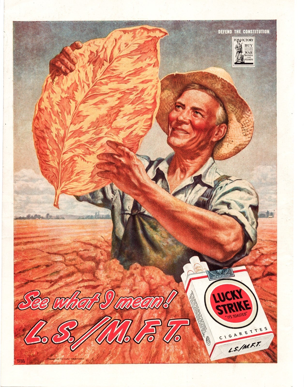 Lucky Strike 1945 Tobacco Farmer Leaf Print Ad 10 x 14