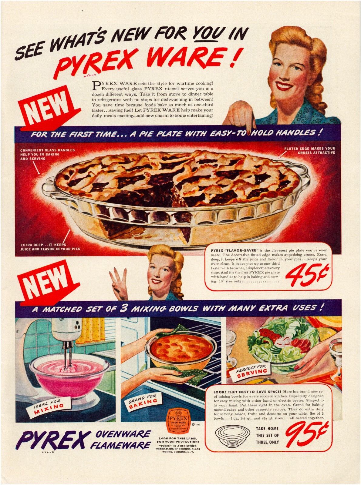 Pyrex 1942 baking dish and mixing bowls advertisement pie illustration kitchenware