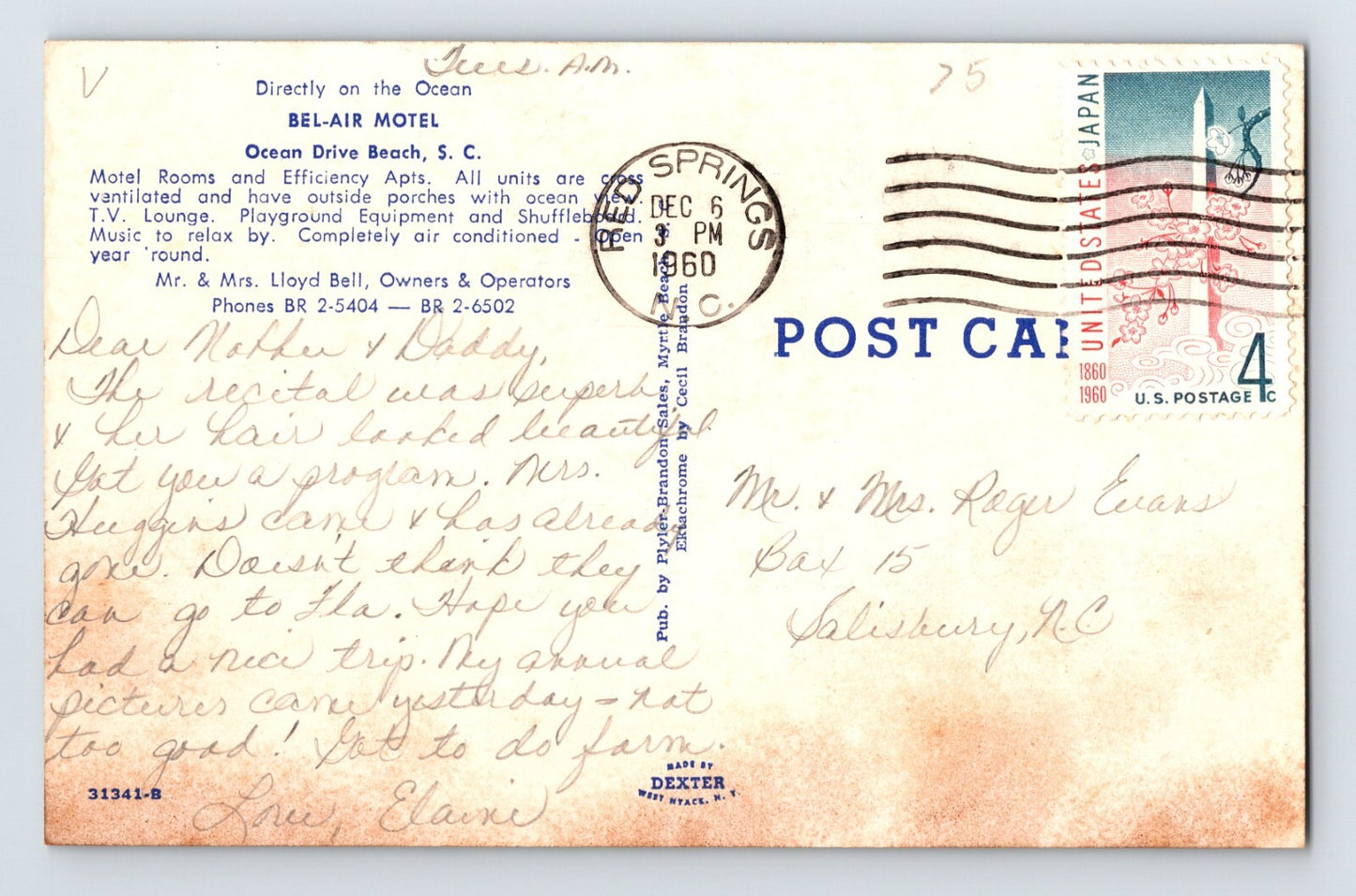 Ocean Drive Beach South Carolina Bel-Air Motel 1960 Postcard Chrome Unposted