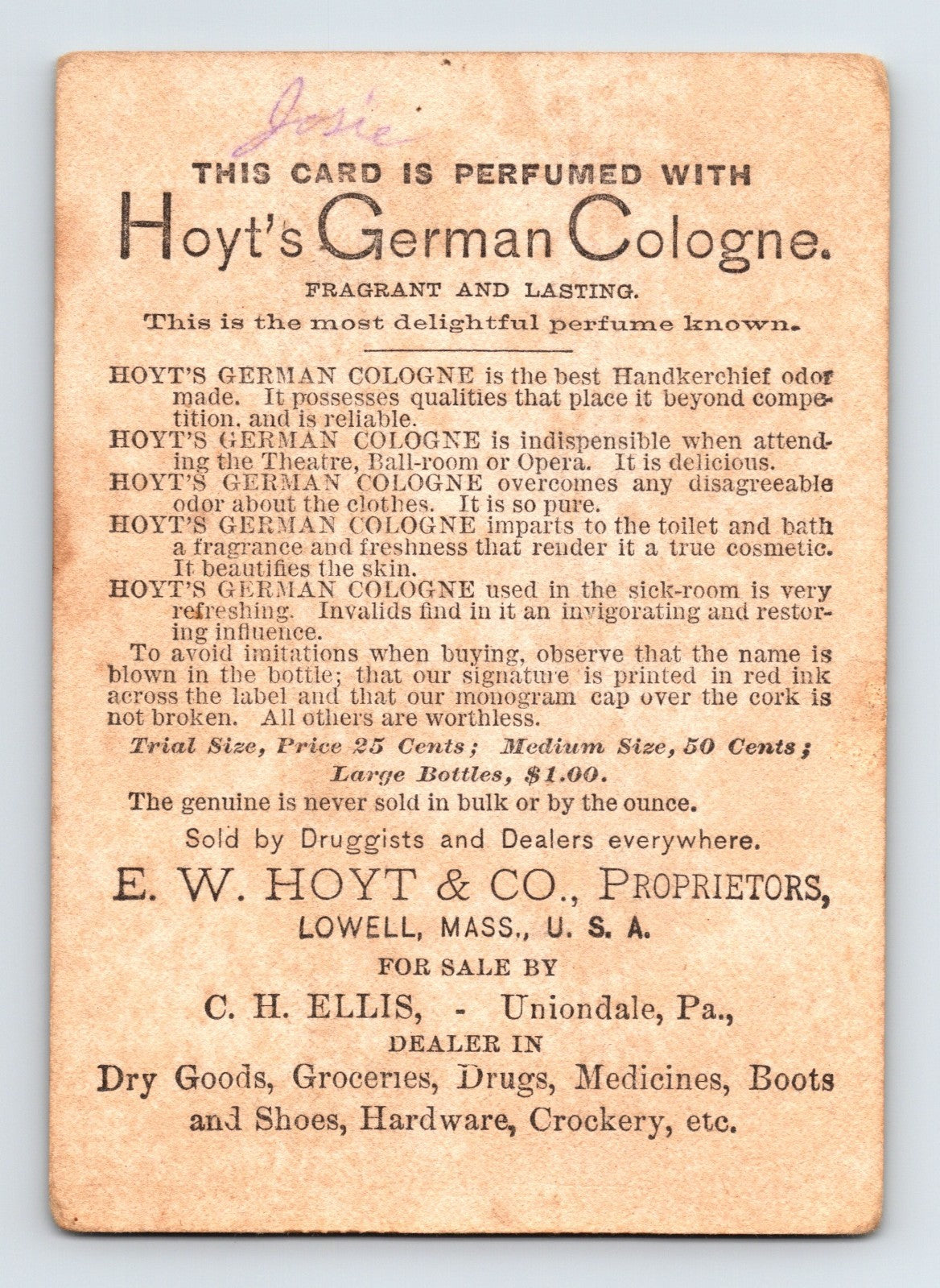 Hoyts German Cologne Children Bottle Sign 1890s Victorian Trade Card 4.5 x 3.25