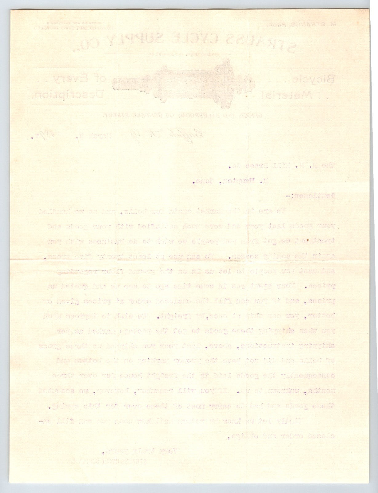 Strauss Cycle Supply Buffalo New York 1897 Bicycle Letterhead 8.5 x 11