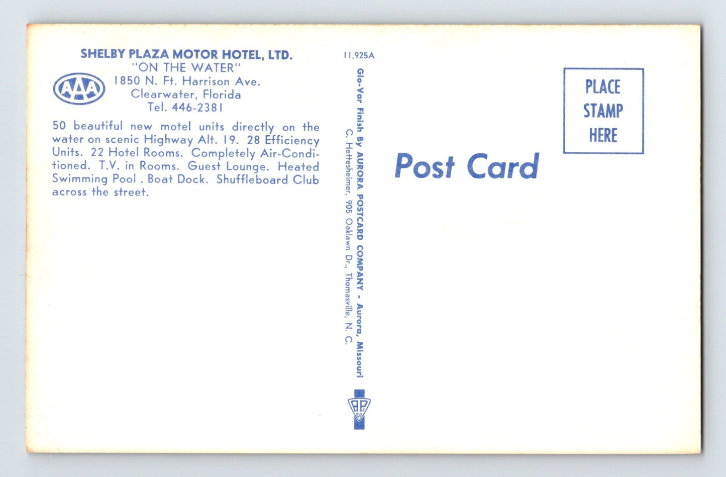 Clearwater Florida Shelby Plaza Motor Hotel 1960s Postcard Unposted Chrome