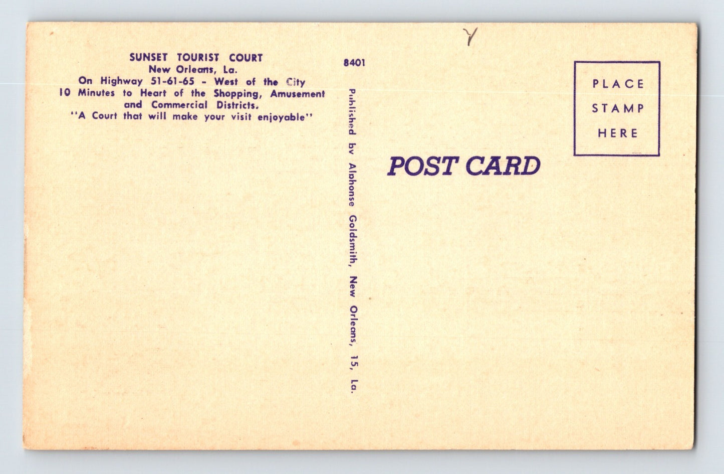 New Orleans Louisiana Sunset Tourist Court Motel 1940s Postcard Unposted