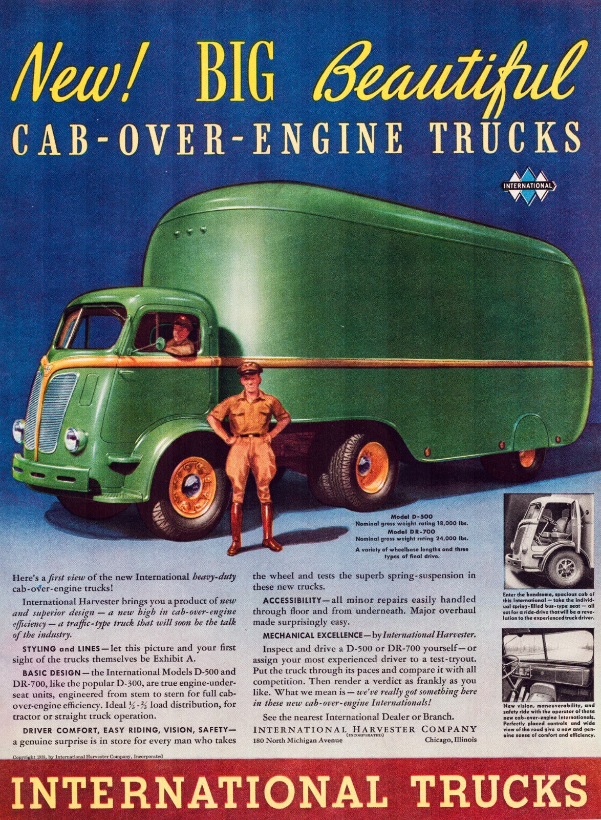 International Trucks cab over engine COE delivery truck advertising illustration 1939