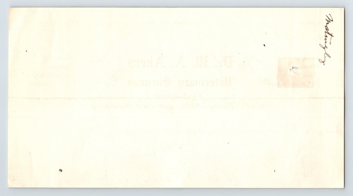 Butte Montana Dr W A Akers Veterinary Surgeon 1906 Letterhead 8 x 4.5
