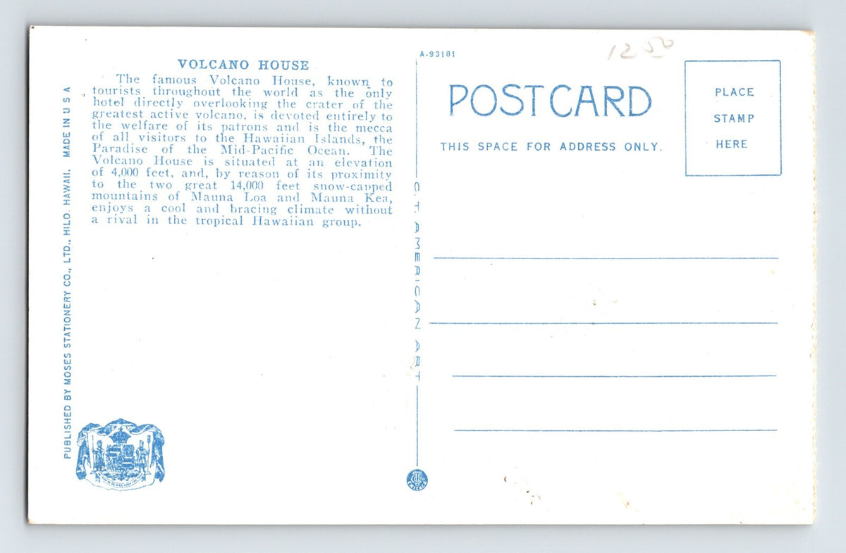 Pahoa Hawaii Volcano House Hotel 1930s Postcard Unposted White Border