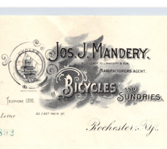 Joseph J Mandery Rochester New York 1897 Bicycle Letterhead 8.5 x 11
