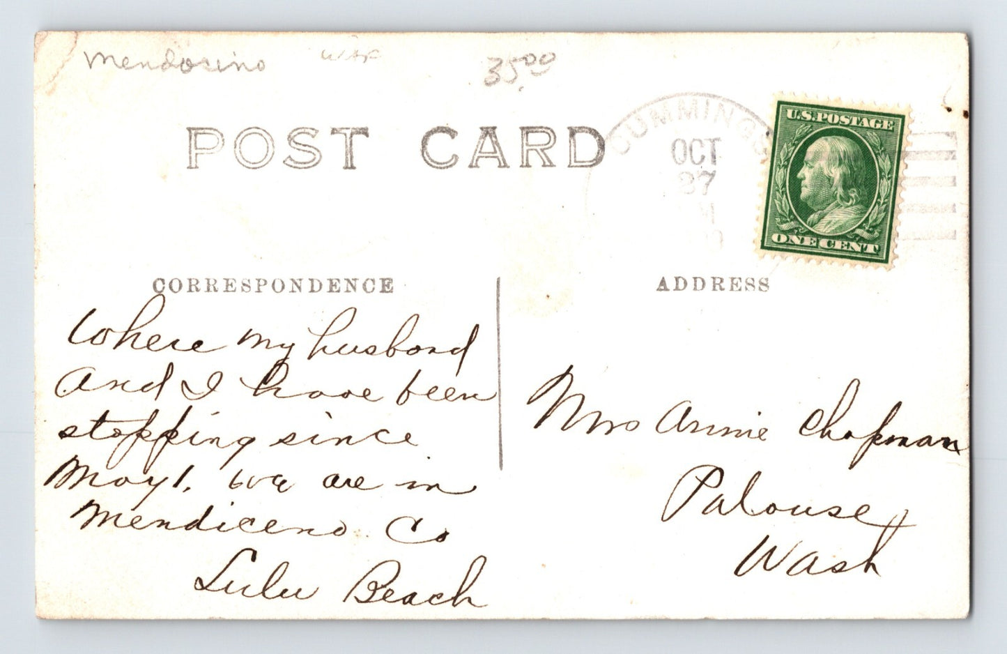 Cummings California Hotel Residence 1909 RPPC Postcard Posted Divided