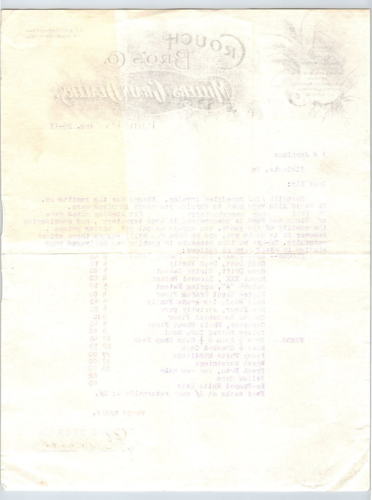 Erie Pennsylvania 1911 Crouch Bros Millers Grain Dealers Letterhead 8.5 x 11