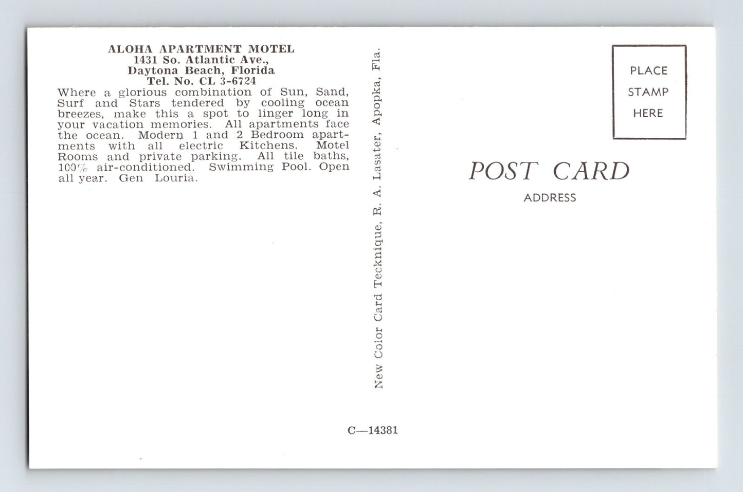 Daytona Beach Florida Aloha Apartment Motel 1960s Postcard Unposted Chrome