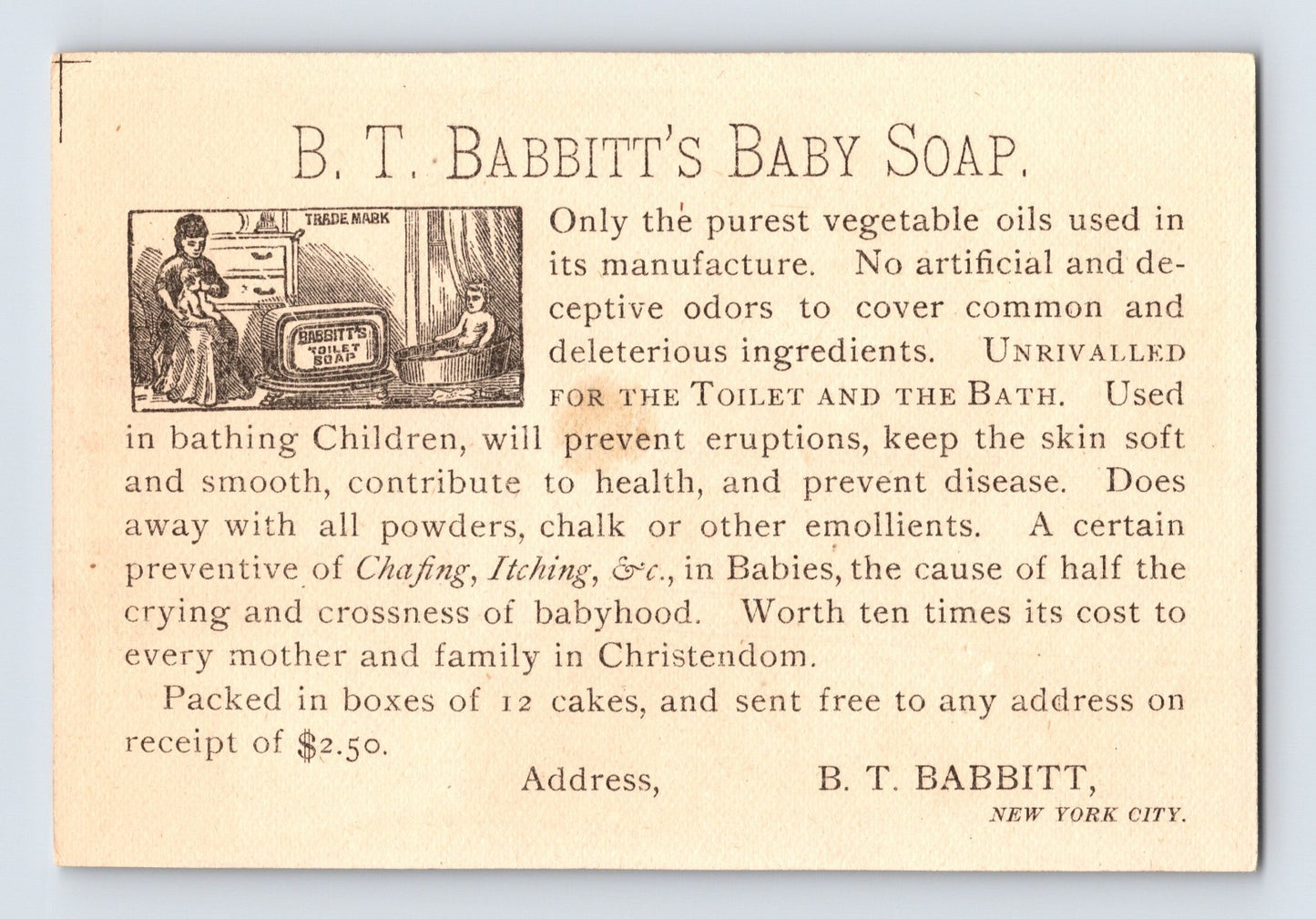 Babbitts Baby Soap Patriotic Boy Soldier Flag 1890s Trade Card 3 x 4.5