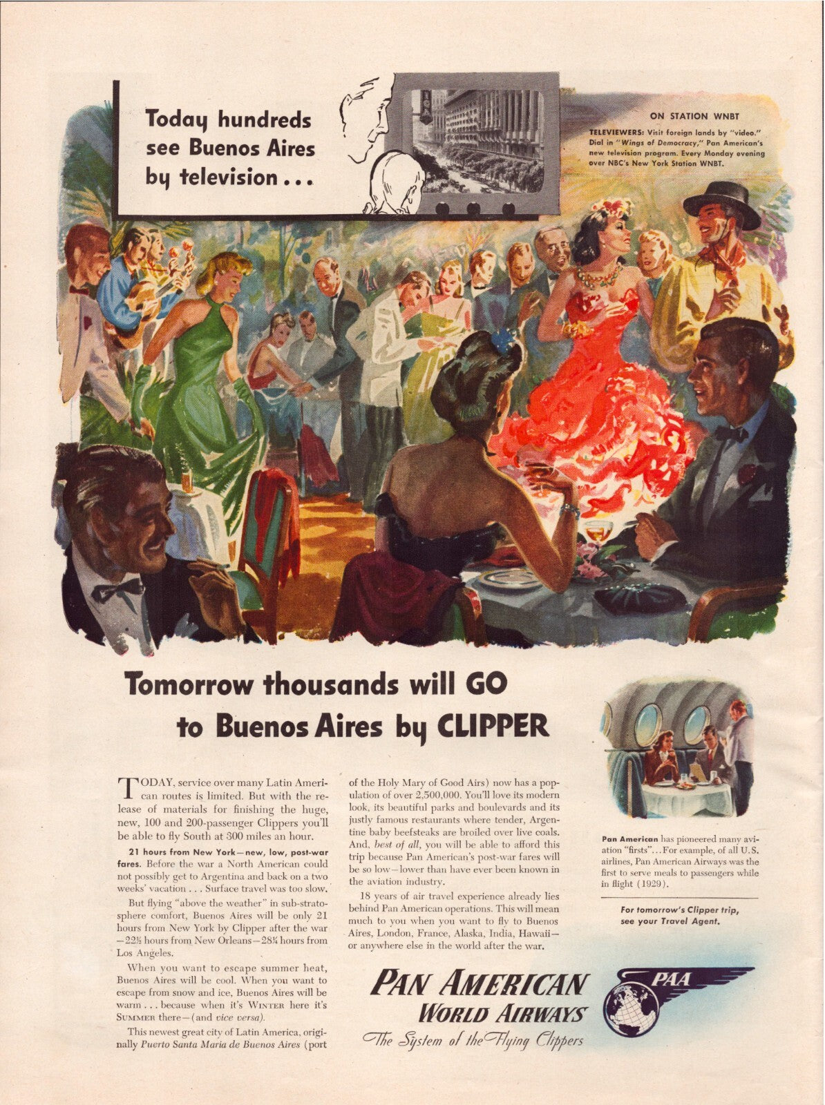 Pan American Airways 1945 Buenos Aires Clipper travel print ad ballroom scene vintage