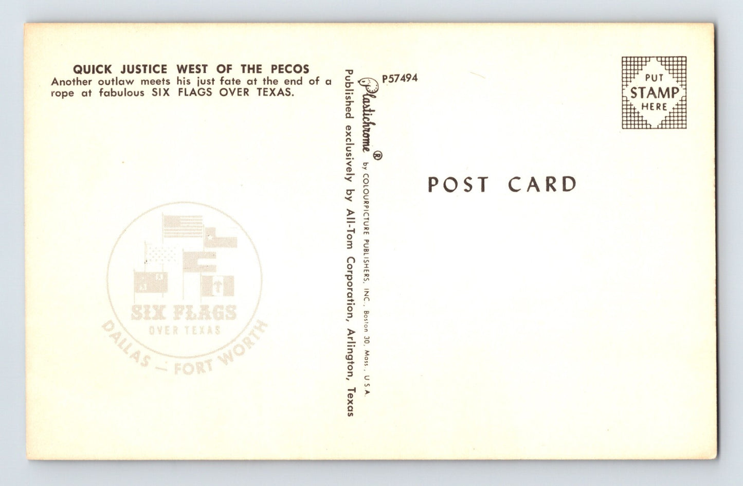 Dallas Fort Worth Texas Quick Justice Hanging 1960s Postcard Unposted