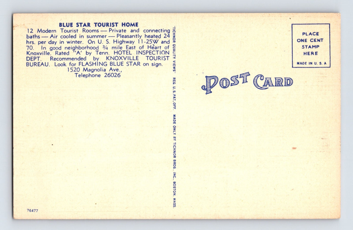 Knoxville Tennessee Blue Star Tourist Home Motel 1940s Postcard Linen