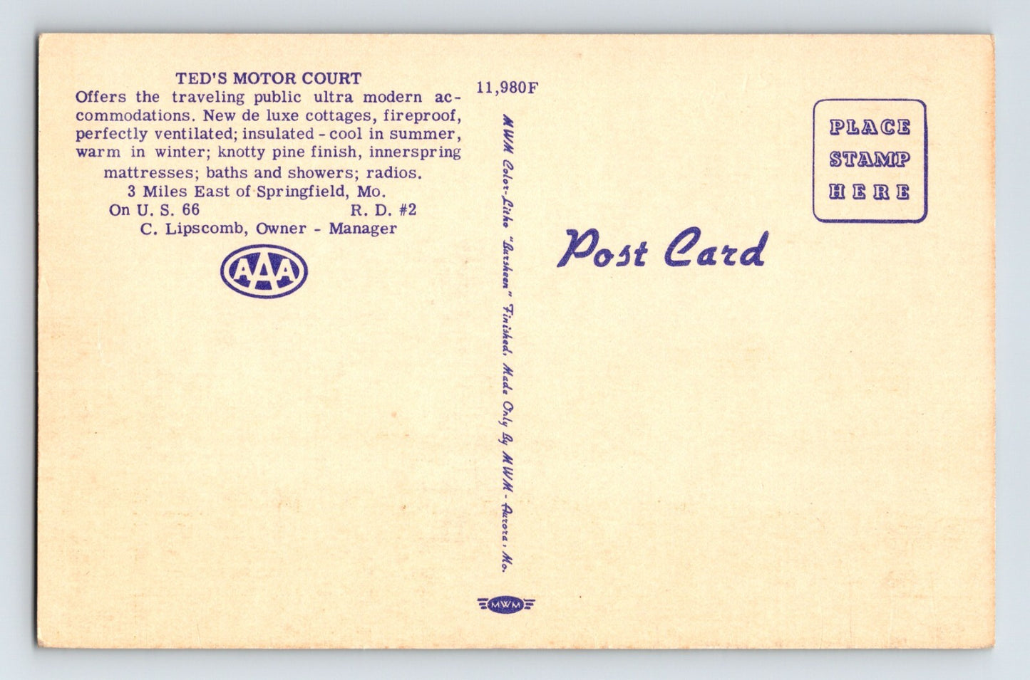 Springfield Missouri Ted’s Motor Court Motel Route 66 1940s Postcard Unposted