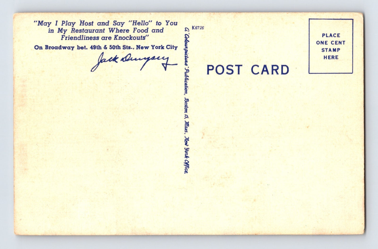 New York City New Jack Dempsey Restaurant Jess Willard 1940s Postcard Unposted