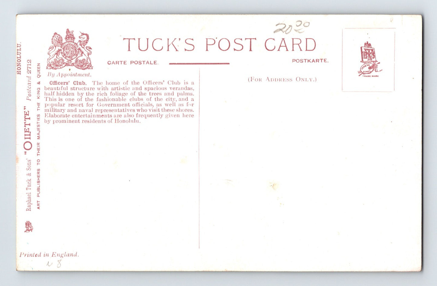 Honolulu Hawaii Officers Club Tuck 1910s Postcard Unposted Divided Back