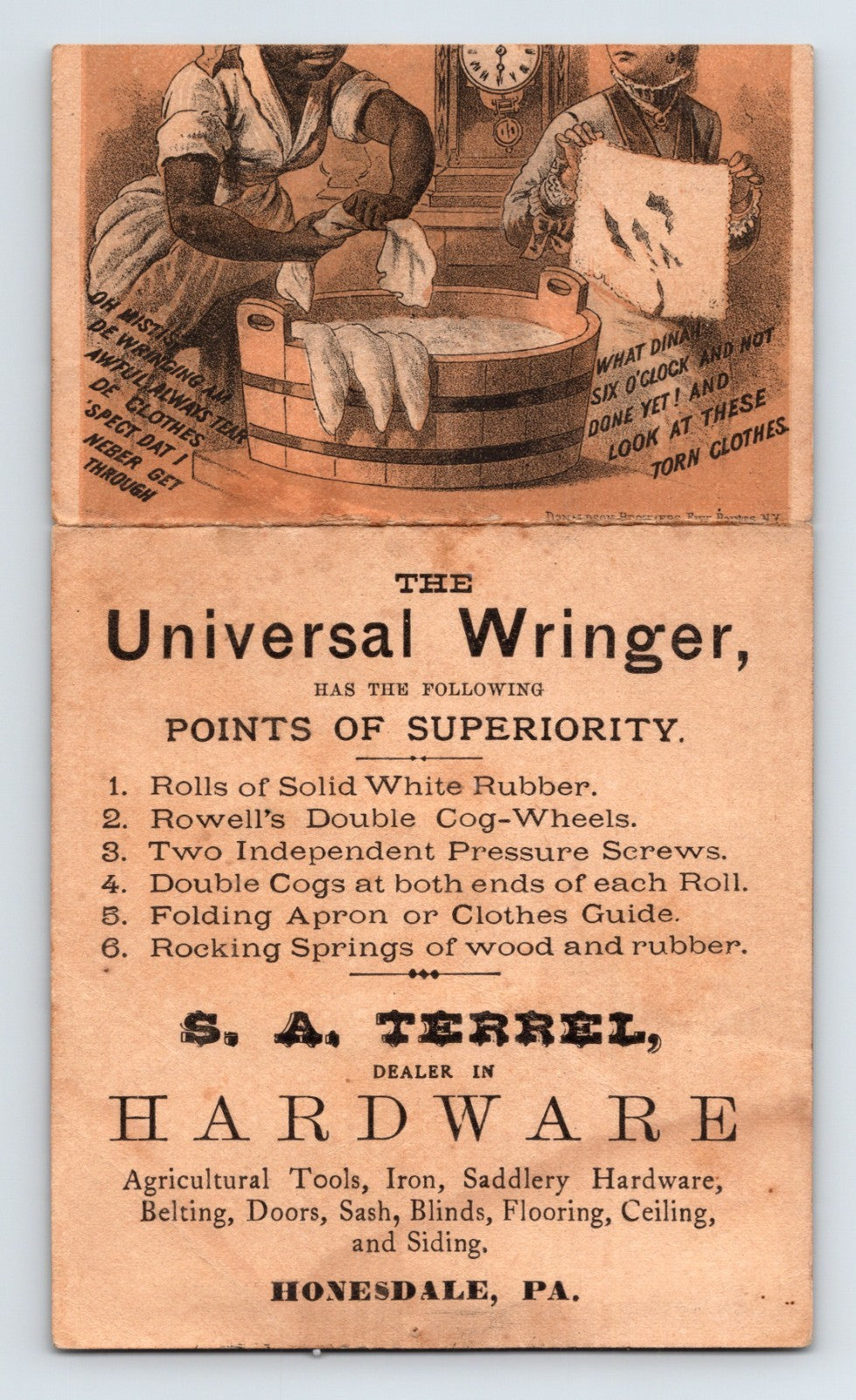Honesdale PA Universal Clothes Wringer Laundry 1890s Trade Card 5.5 x 3.25