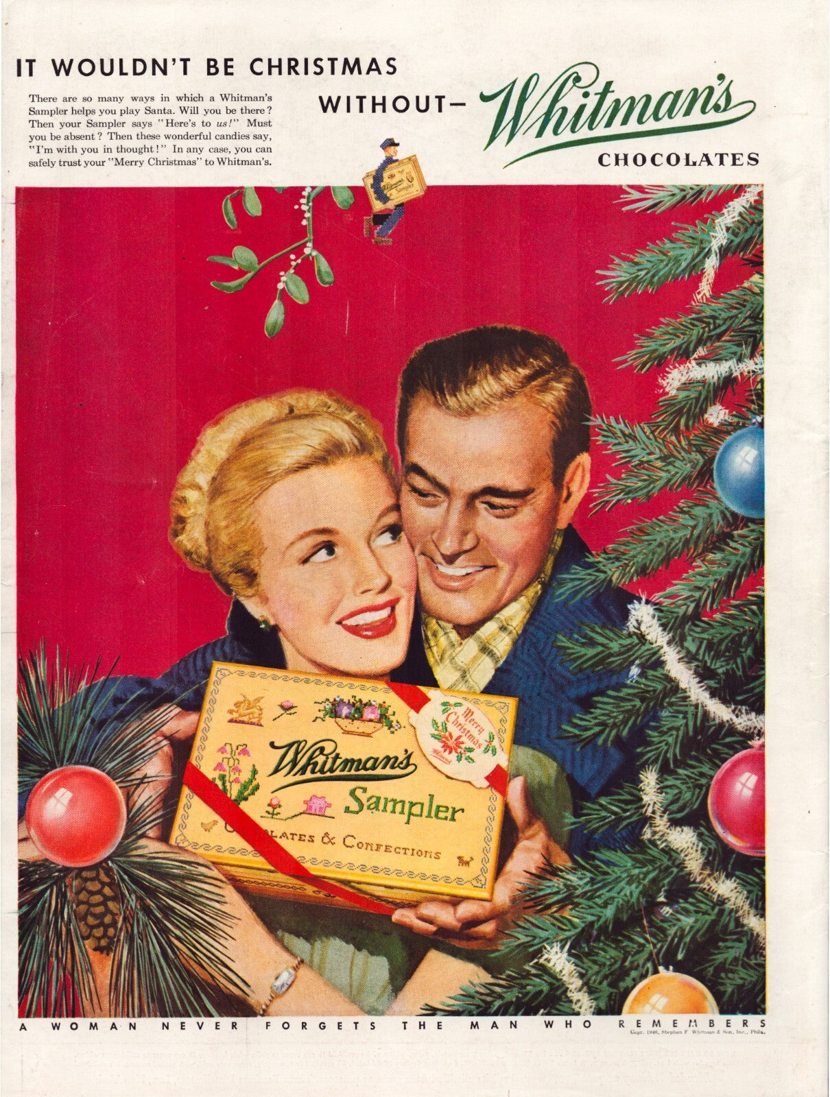 Whitman’s chocolates 1946 Christmas print ad couple gift sampler holiday tree vintage advertising
