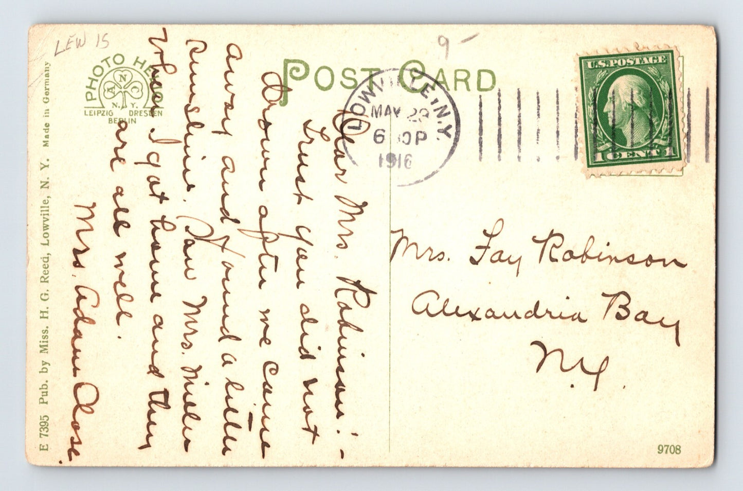 Lowville New York Park Avenue Houses 1916 Postcard Posted Divided Back