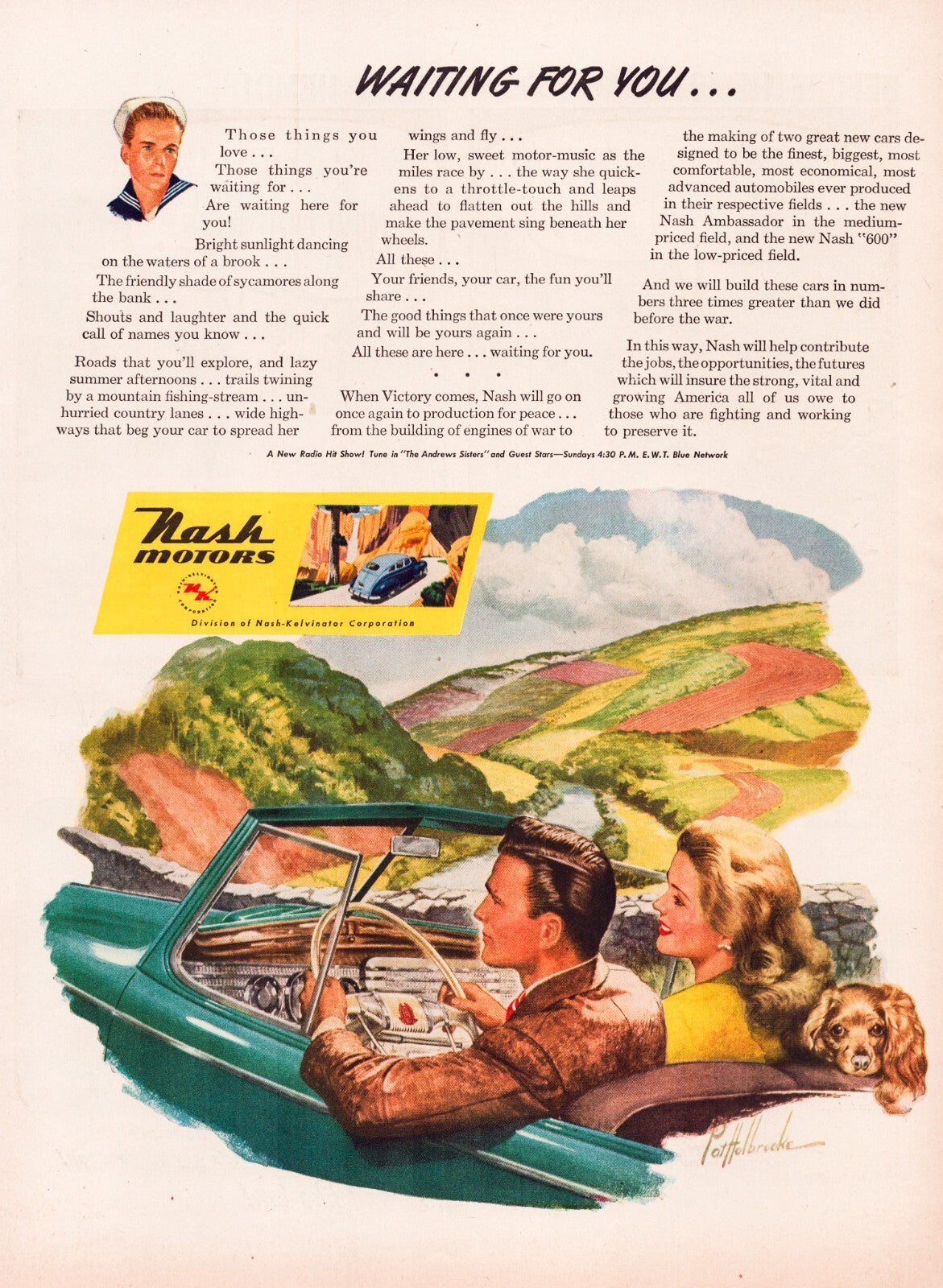 Nash automobile 1945 WW2 victory print advertisement couple driving countryside full page